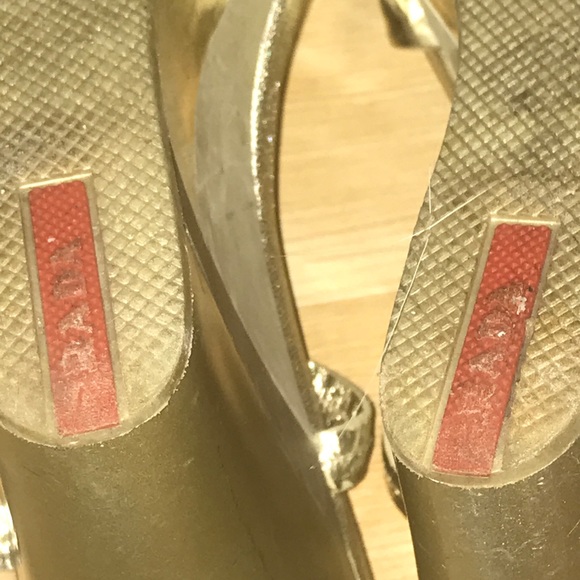 Gold Prada 4" Wedge Sandals - Picture 8 of 9